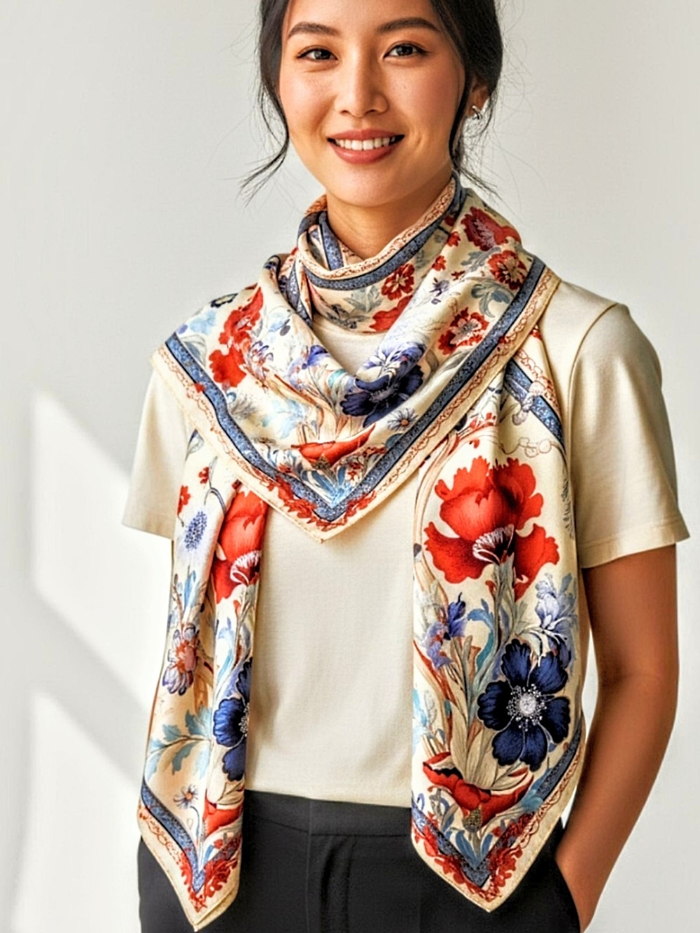 🧣 Beautiful Floral Silky Scarf in Cream, Red & Blue